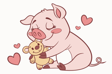 Fototapeta premium Vector cute Pig cartoon character, hugging a teddy bear, loving and comforting expression, soft and warm colors, cozy atmosphere, isolated on white background