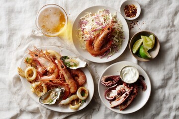 Seafood Feast A Delightful Spread of Shrimp, Calamari, and Octopus with Fresh Accompaniments