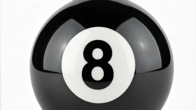 Shiny eight ball with black surface, white number, isolated on a white background for pool and billiards themes.