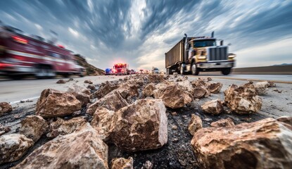 Obraz premium Road Obstruction with Rockfall Debris and Emergency Vehicles on Highway