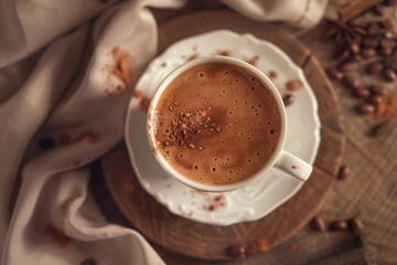 Vibrant Picture of Top View Cup with Hot Chocolate on Table