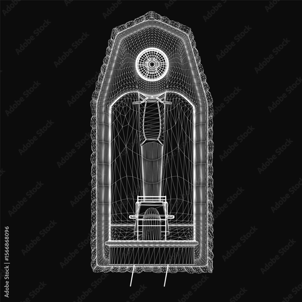 Poster a 3d model blueprint of a hovercraft on a black background features intricate lines and smooth curve