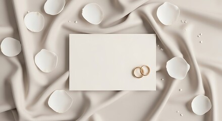 Elegant Wedding Invitation Mockup Blank Card with Rings and Petals