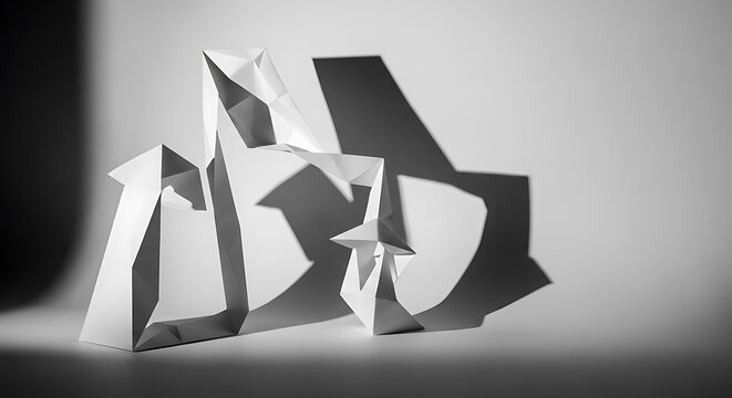 Geometric White Paper Sculpture Casting Shadows on Gray Background