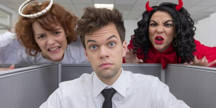 A man is in the office with his conscience yelling at him. One is a woman angel, and the other is a woman devil