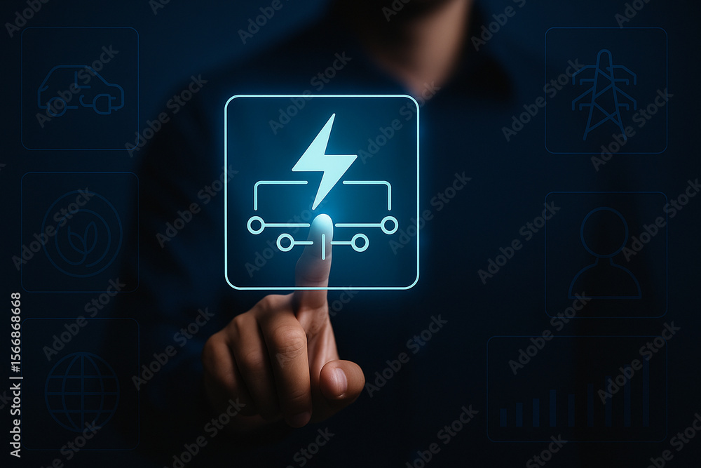 Poster professional businessman touching smart grid integration interface with digital energy icon and futu