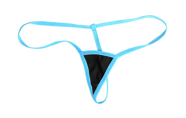 Women's sexy blue thong panties on a white background. 