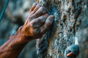 Clear Pixel Image of CloseUp of ChalkCovered Hand Gripping a Rock Wall