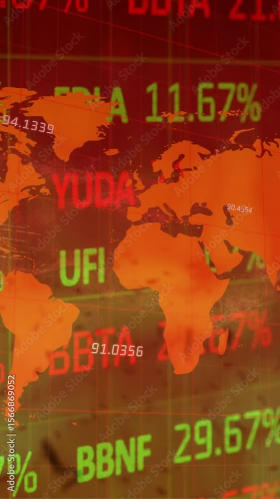 Poster animation of financial data processing over world map and flames