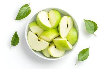 Overhead shot of sliced green apples in a white bowl with leaves