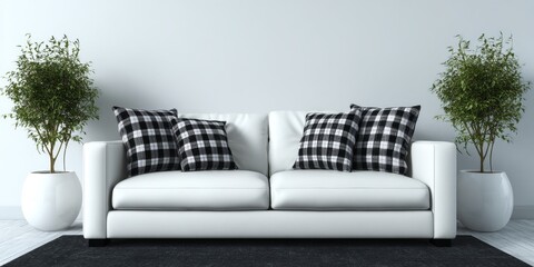 Modern Living Room Interior Design White Sofa with Black and White Plaid Pillows