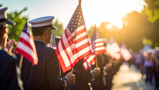 A respectful and emotional image of veterans walking in a 4th of July parade holding flags, with a crowd clapping in the background