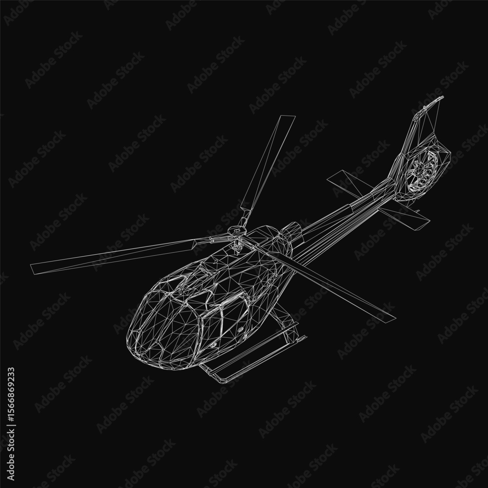 Poster a 3d wireframe helicopter model features detailed rotor blades, cockpit, and landing gear on a black