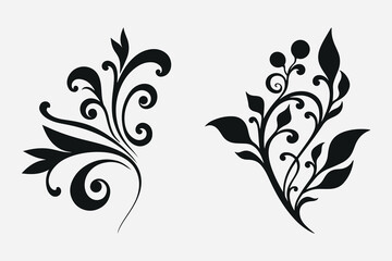 Black and white vintage floral design elements with ornate swirls, leaves, and butterfly silhouettes create an elegant decorative pattern