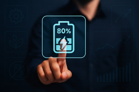 Professional Businessman Touching Futuristic EV Battery Percentage Interface Display for Clean Energy and Technology Innovation in Electric Vehicle Industry