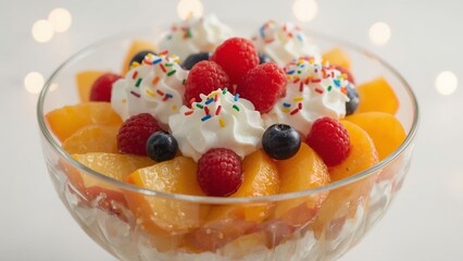 Fresh Fruit Bowl with Peach Slices Whipped Cream and Mixed Berries