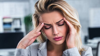 Woman Experiencing Severe Headache or Migraine in Office Setting