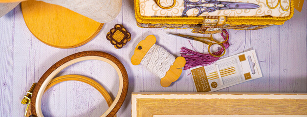 Accessories for hobby. Hoop snaps, scissors, threads, needles and scissors. Vintage tools for...