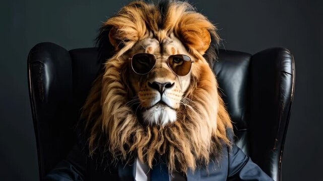 Lion anthro seated in a black leather armchair wearing a navy suit and sunglasses with a dark background
