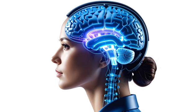 futuristic brain of woman isolated on transparent background