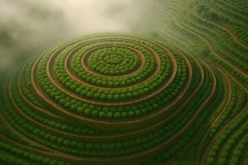 Drone view of circular ashwagandha cultivation on terraced slopes. Geometric permaculture patterns, morning fog, amber-green palette showing sustainable land management.