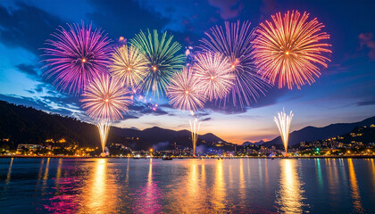 Fototapeta premium A vibrant image of a large fireworks display over a city skyline at night