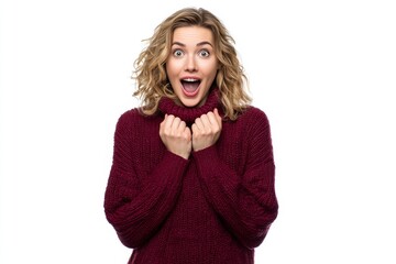 Astonished Woman in Burgundy Turtleneck Sweater
