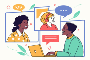Diverse people in virtual meeting with speech bubbles online communication collaboration