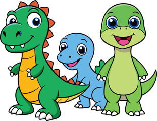 Three Adorable Cartoon Dinosaurs Smiling – Cute Prehistoric Animal Vector Set