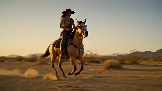 Cowgirl rides horse with desert sunset.