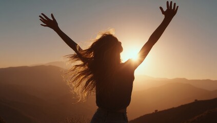 Woman Silhouetted Against Sunset, Celebrating Freedom and Joy