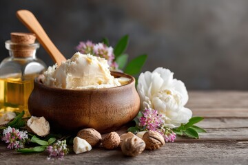 Stunning photo of organic herbal infused handmade shea butter cosmetics Copy space image Place for adding text or design.