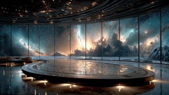Futuristic spaceship lounge with nebula view; serene, elegant design.