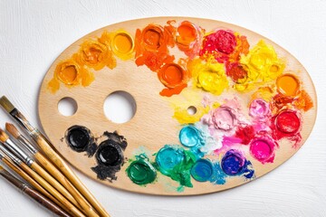Vibrant Artist's Palette with Oil Paints and Brushes A Colorful Still Life