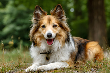 Happy Shetland sheepdog lying in a summer park and eating grass.