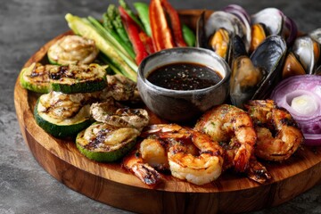 Grilled Seafood and Vegetable Platter with Delicious Dipping Sauce