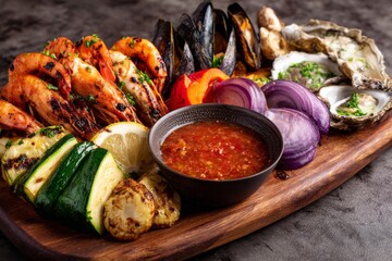Grilled Seafood Platter with Vegetables and Spicy Dipping Sauce