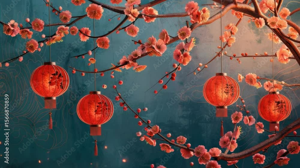 Poster a string of red lanterns suspended from a tree branch