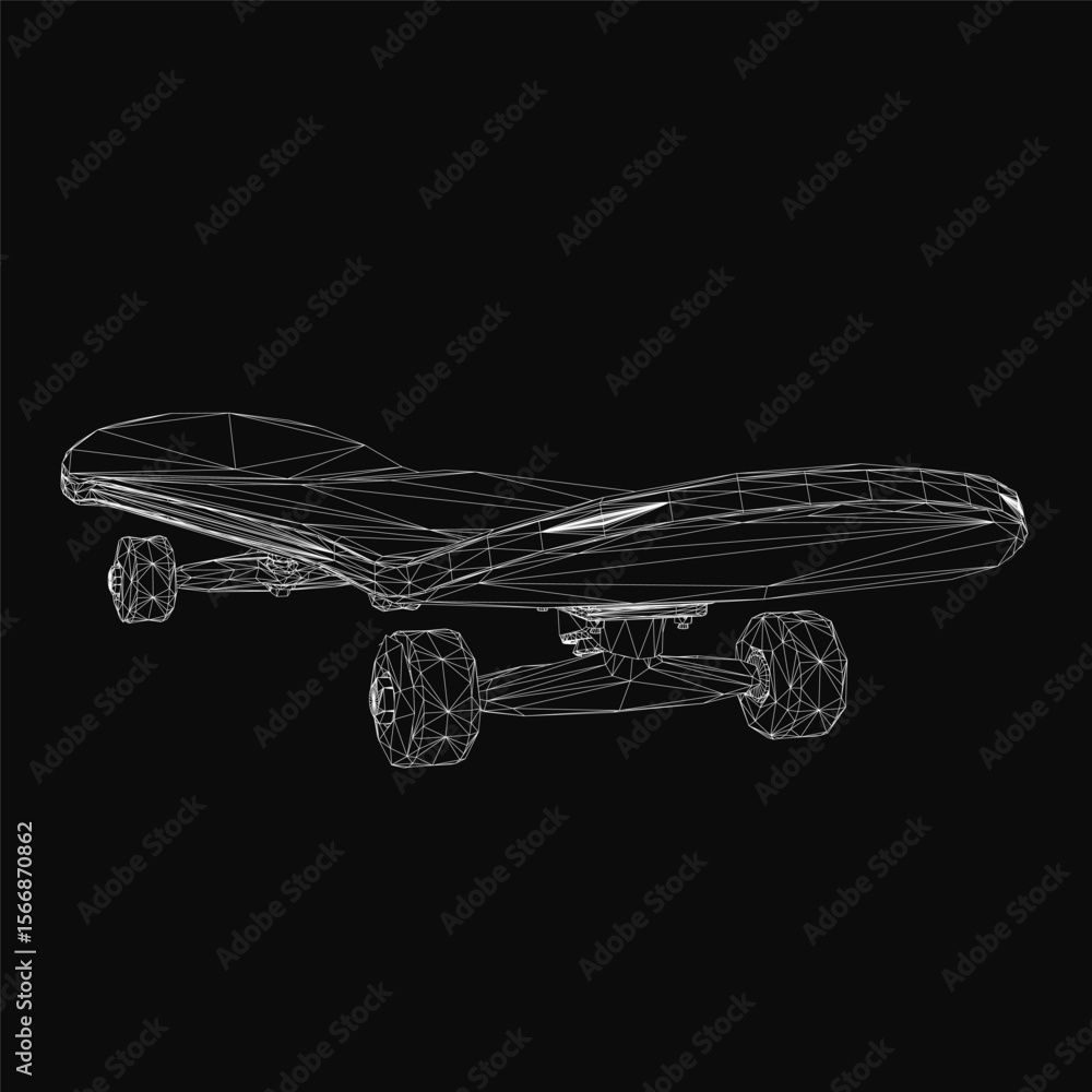 Poster a black and white wireframe skateboard features intricate geometric shapes and clean lines on a dark