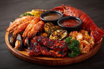 Delicious Seafood and BBQ Platter Lobster, Shrimp, Ribs, and More