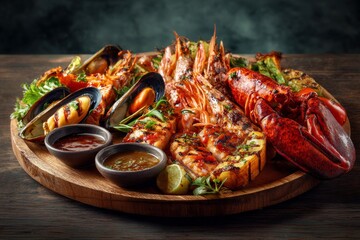 Delicious Seafood Platter Grilled Lobster, Shrimp, and Mussels