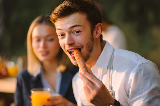 Young man eating grilled sausage at barbecue party on summer day