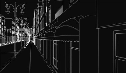 A black and white drawing depicts a city street at night with tall buildings, glowing streetlights, and dark shadows. The detailed sketch captures the urban atmosphere with vintage charm.