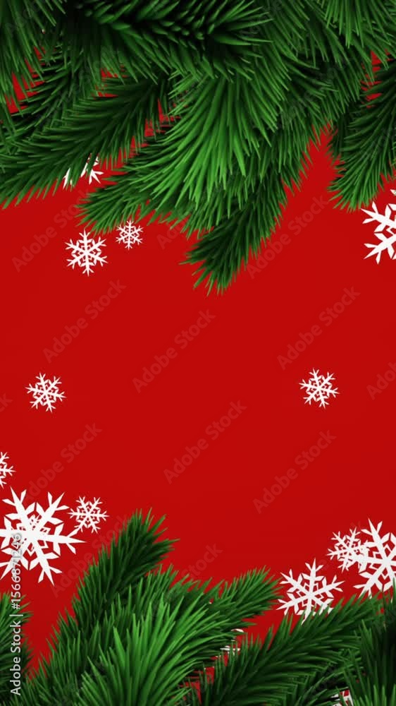 Poster animation of snow falling with fir tree branches on red background