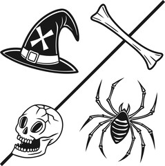 Here's a concise description:

A vector illustration of a scary black halloween spider icon on a web, a symbol of danger