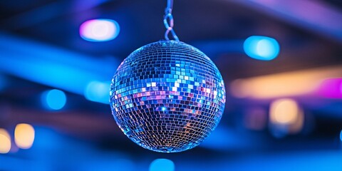 vibrant blue disco ball in a nightclub with colorful lights