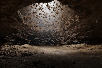Bats swarm out of a cave entrance at dusk creating a stunning natural spectacle in the wilderness