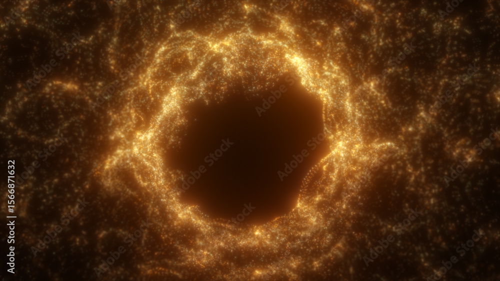 Poster golden particle energy portal radiating light in a circular shape with scattered glowing dust on dar