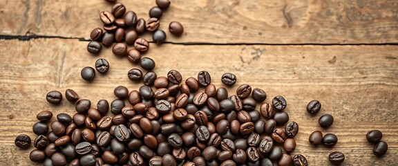 Dark roasted coffee beans scattered on aged wood,  dark,  retro