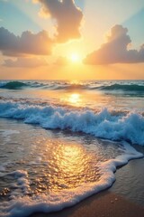 Serene Ocean Waves Sunlit Shore, Tranquil Blue Landscape, Evoking Joy and Peace for Relaxation, Travel, and Wellbeing